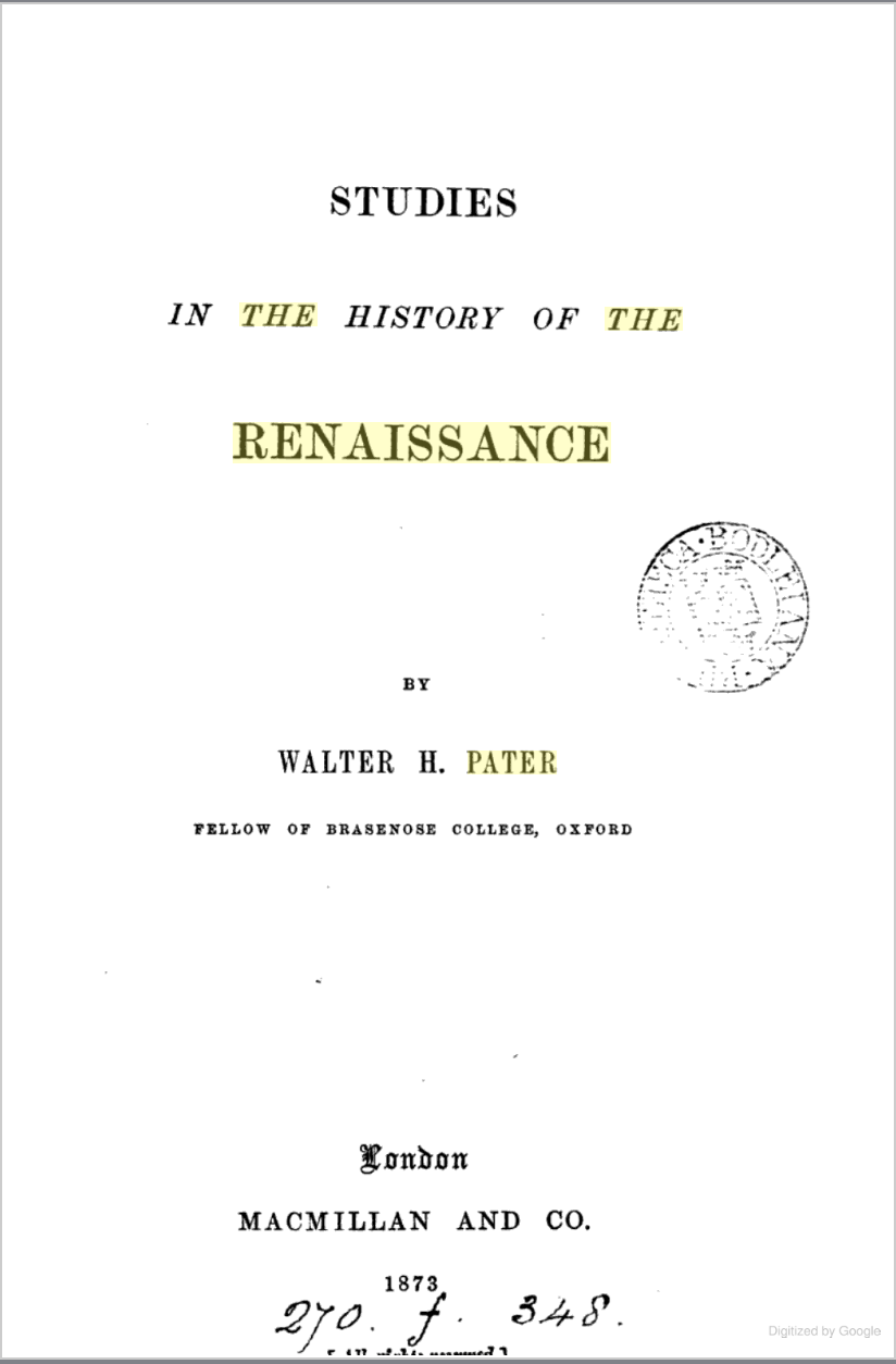 Studies in the History of the Renaissance, Pater